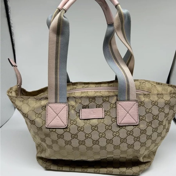 Gucci GG Monogram Canvas Beige Pink Travel Line Web Tote Bag small to med size - Picture 1 of 12